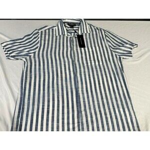 French Connection Mens XL Blue White Stripe 100% Cotton Short Sleeve Shirt NWT